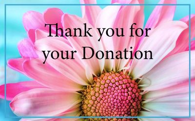 Close-up of a pink flower with a thank you for donation message.