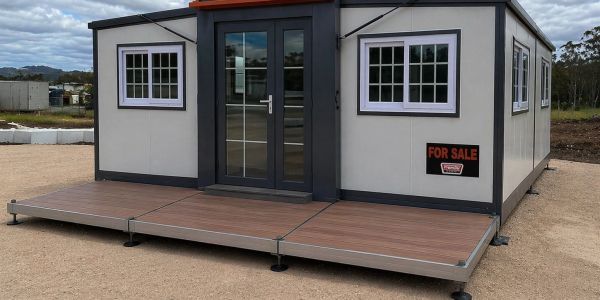 Modern portable building with 'For Sale' sign.