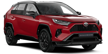 Red Toyota RAV4 Plug-in Hybrid GT Sport with black accents.