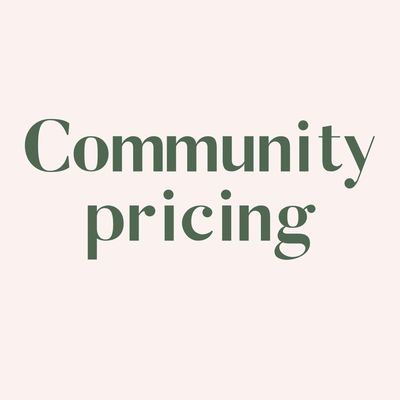 Text image saying "Community pricing" in green font on a beige background.