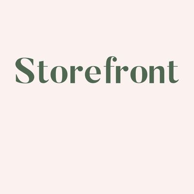 The word 'Storefront' in elegant green font on a light pink background.