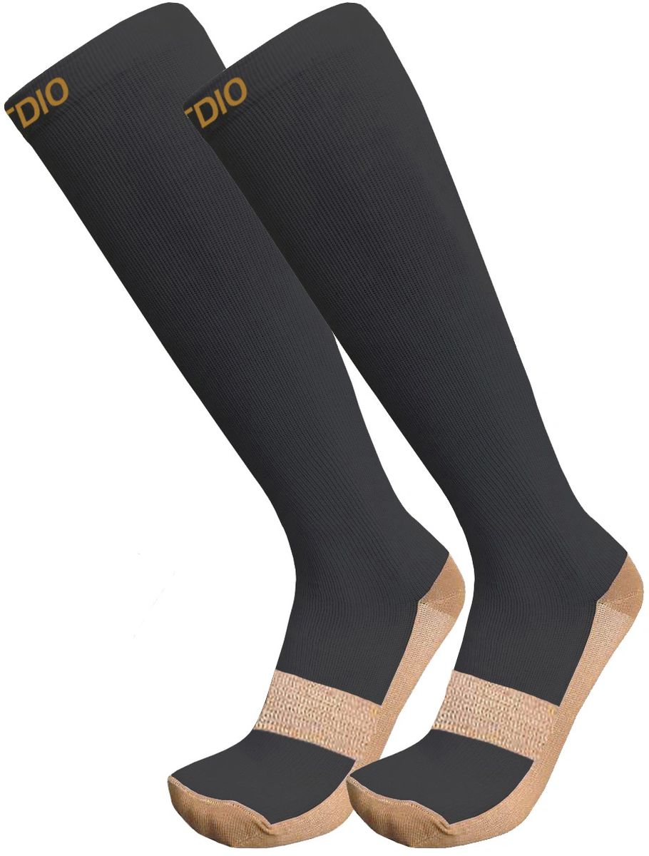 Plus Size Wide Calf Knee High Graduated 15-20mmHG Black & Gold Copper  Compression Support Socks