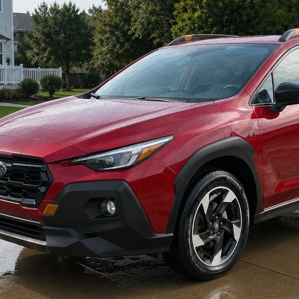 Red Subaru exterior after mobile detailing and paint protection service.