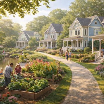 Community garden with people tending plants alongside charming houses on a sunny day.