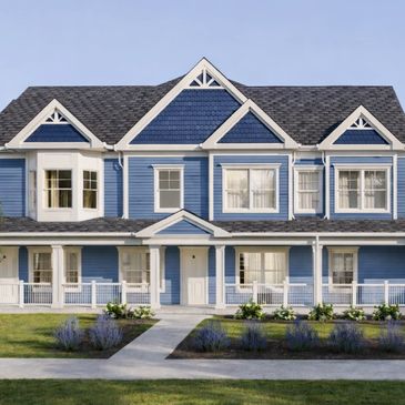 Blue two-story townhouse with white trim and porch.
