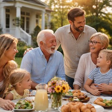 A joyful family enjoying a meal together outdoors on a sunny day.