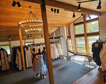 Interior of the Arabella Bridal showroom, featuring a beautifully arranged display of wedding gowns.
