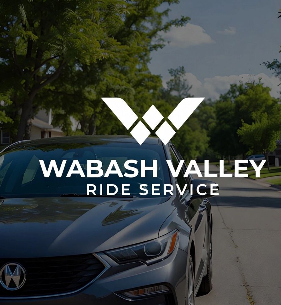 Wabash Valley Ride Service logo over a sleek car on a suburban street.