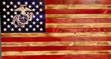Marine Corps wooden flag with the EGA perfectly carved into the wood.