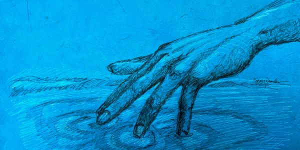 The Touch of Water shows a human hand delicately touching a pool of water,  This artwork underscores