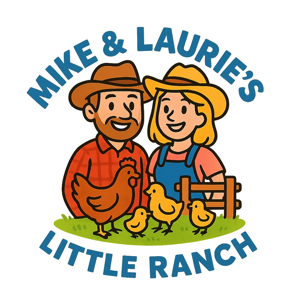 Cartoon of a farming couple with chickens and chicks, titled "Mike & Laurie's Little Ranch."