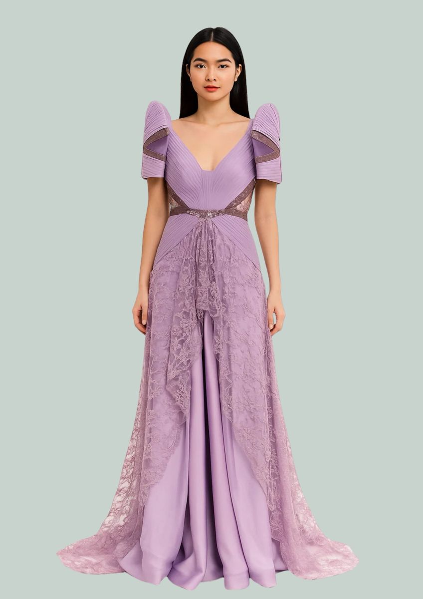 Dennis Lustico Purple Lace Filipiniana Gown