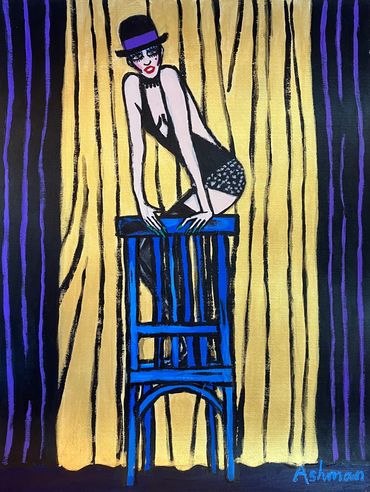 Stylized painting of Liza Minelli in a black outfit and bowler hat on a blue chair against gold curt