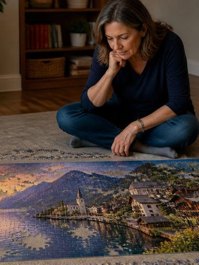 Woman contemplating a nearly finished puzzle of a lakeside village.