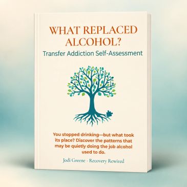 Book titled 'What Replaced Alcohol?' on addiction self-assessment.