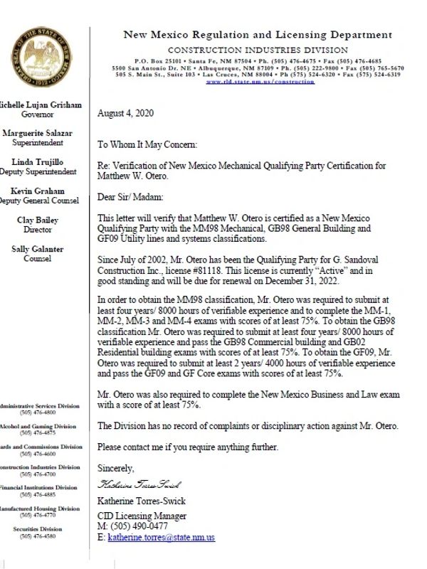 Verification letter for Matthew W. Otero's NM Mechanical Qualifying Party Certification dated August 4, 2020.