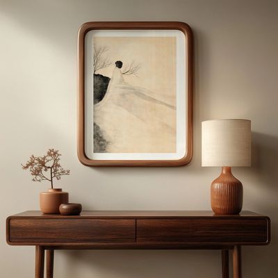 Japandi printable wall art framed in a minimalist living room interior