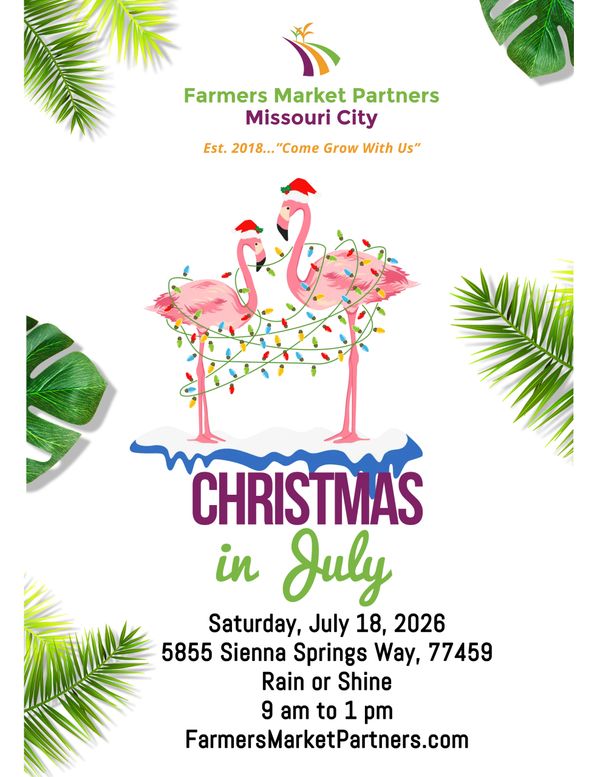 Christmas in July event flyer with flamingos wrapped in lights and tropical leaves.