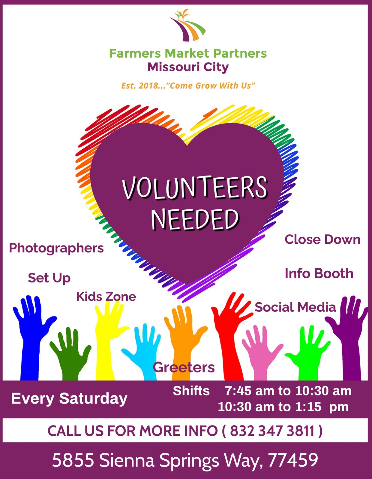 Farmers Market Partners Missouri City seeks volunteers for various roles every Saturday.