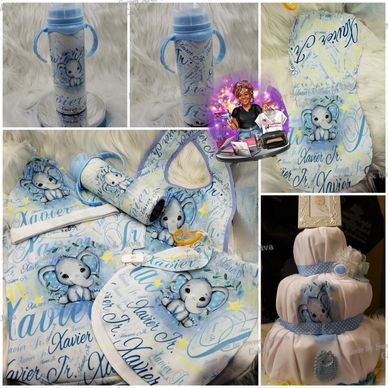 custom baby items baby bottle, onesie, burp cloth