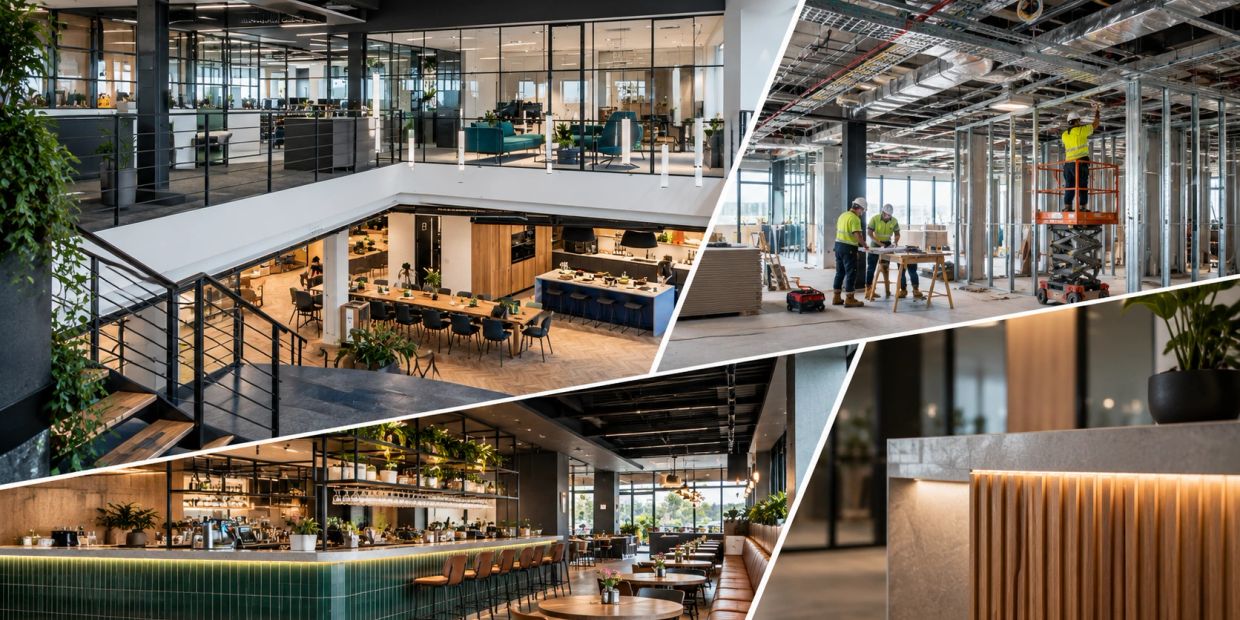 Collage of modern office interior, construction site, trendy bar, and stylish countertop.
