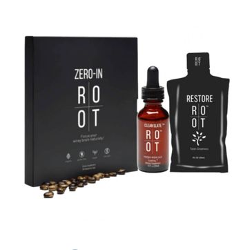 Zero-In Root brain focus supplement set with capsules, tincture, and restore pouch.