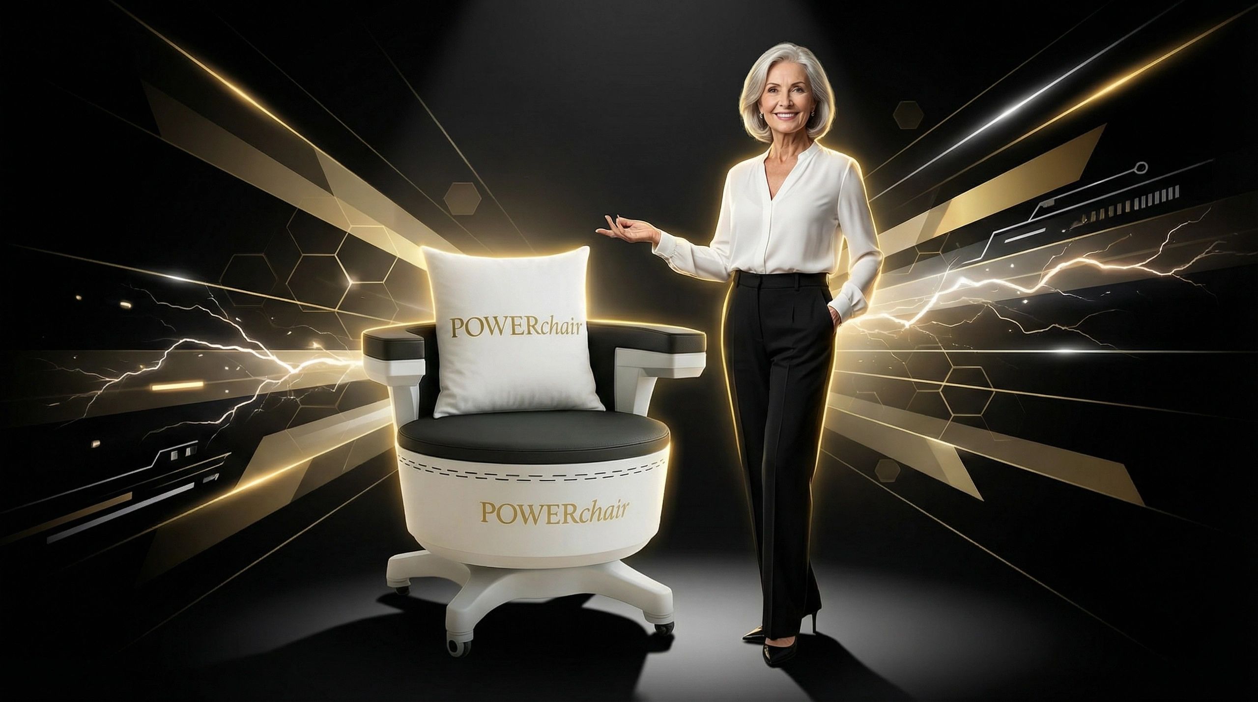 Elegante Dame Mitte 50 präsentiert den PowerChair Beckenbodenstuhl in 1030 Wien