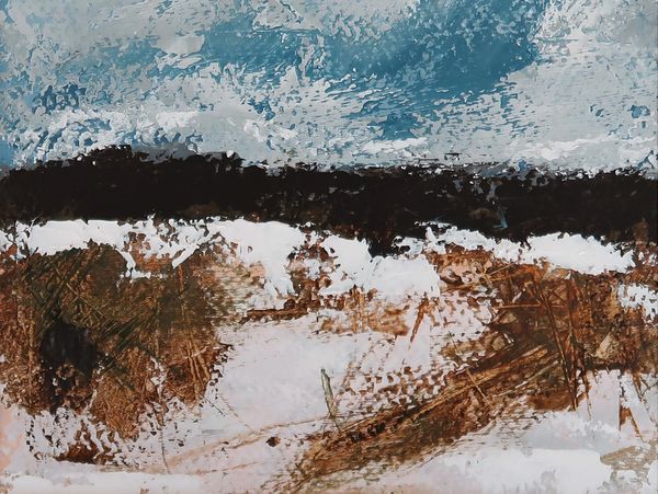Abstract landscape with textured layers of blue, black, white, and brown.