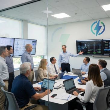 A team meeting in a modern office discussing technical data on screens.