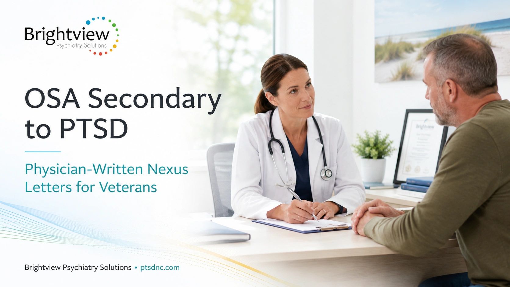 Doctor consulting a veteran about OSA secondary to PTSD with physician-written nexus letters.