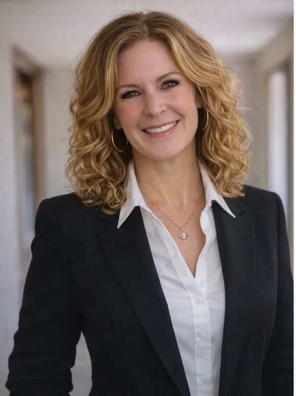Professional woman with curly blonde hair in business attire smiling.