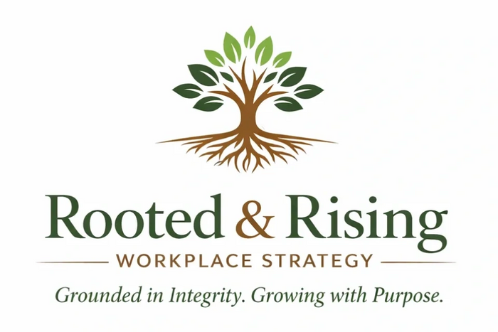 Logo of Rooted & Rising Workplace Strategy with a tree and roots design.