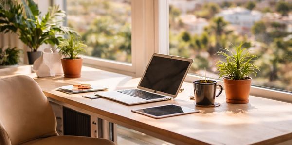 A cozy workspace by the window with plants and a laptop overlooking a cityscape.