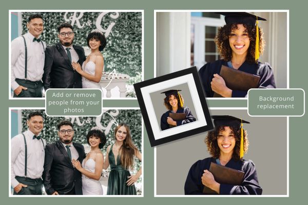 Photo editing features include adding/removing people and background replacement.