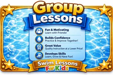 Colorful advertisement for kids' group swim lessons highlighting fun, confidence, value, and skill development.