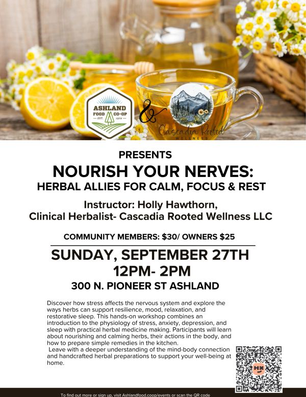 Herbal workshop flyer focused on calm, focus, and rest.