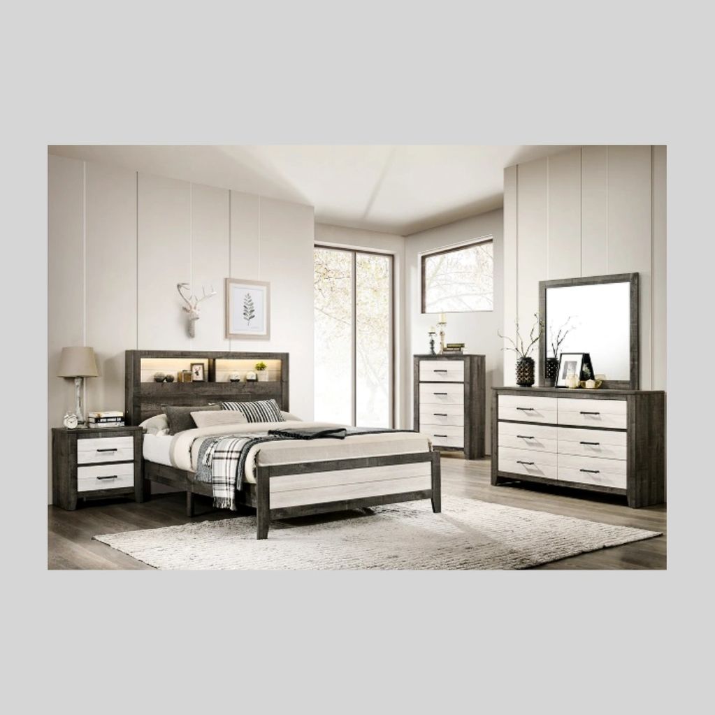 two tone queen bedroom set, with lights on the headboard, 