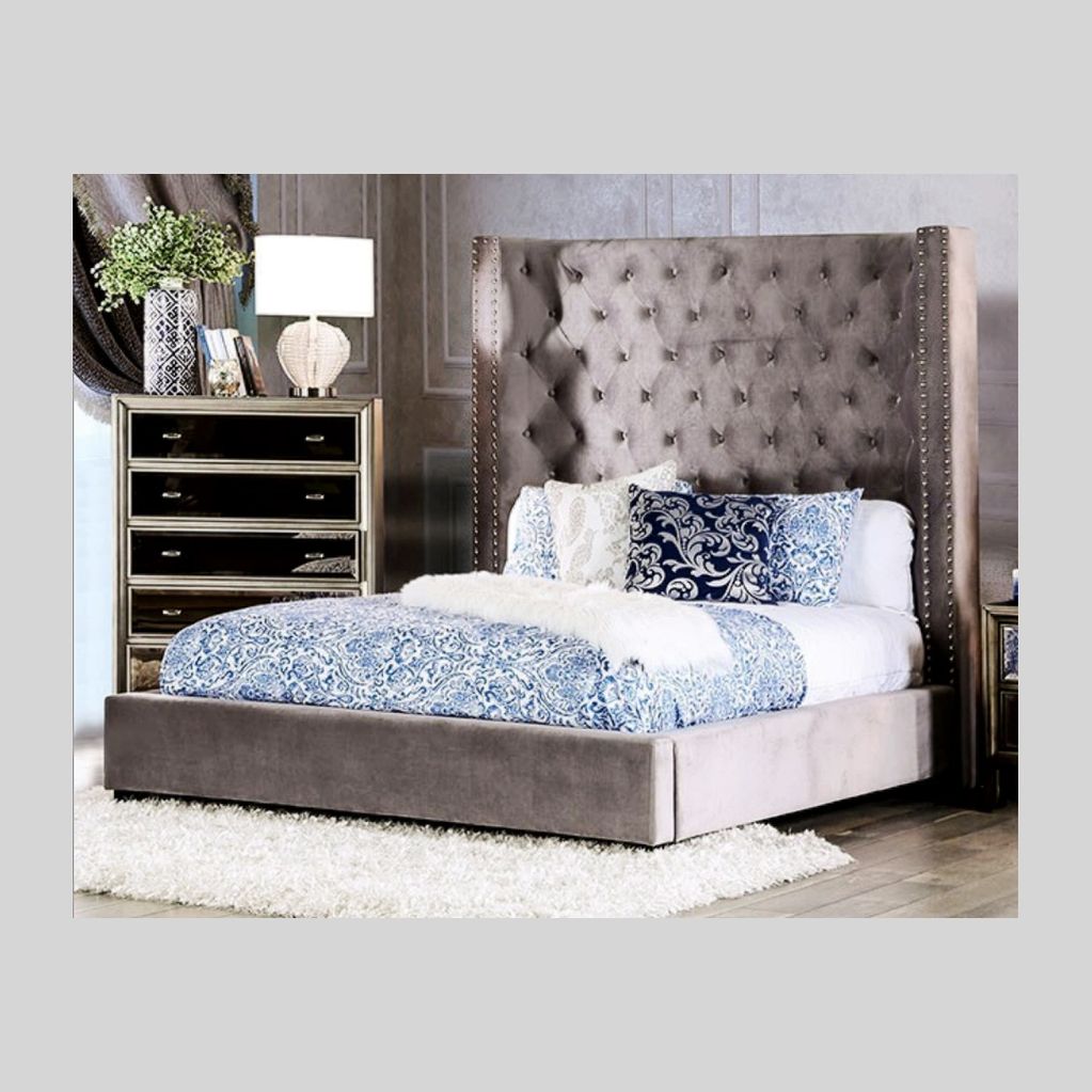 Cal king tufted gray bed frame