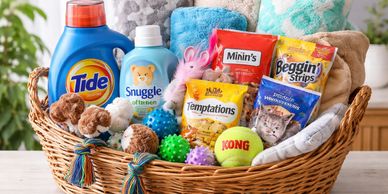 A basket with laundry supplies, soft blankets and cat and dog toys and treats.