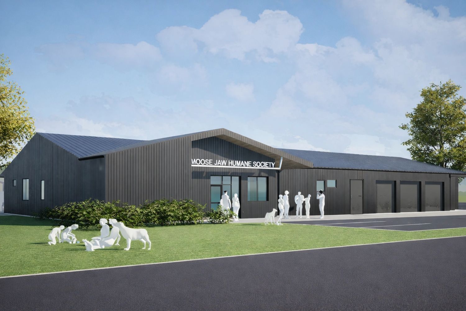 Group of people playing with dogs in front of the new Moose Jaw Humane Society building.