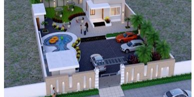 Modern house with pool, garden, and parking area with cars.