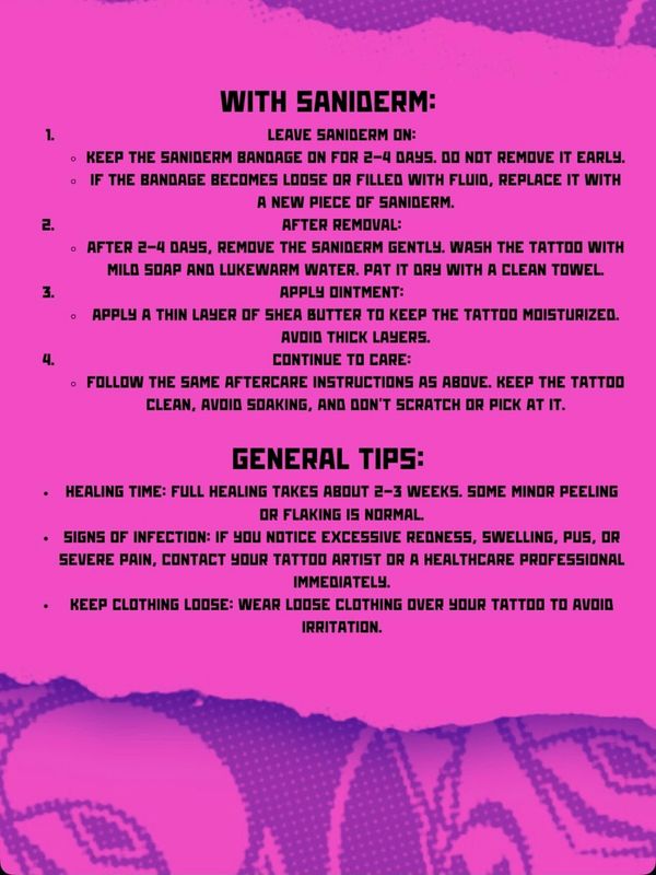 Tattoo aftercare instructions with Saniderm and general tips.