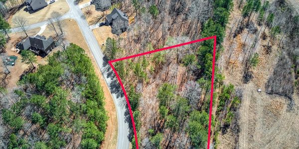 A wooded land plot outlined in red near houses.