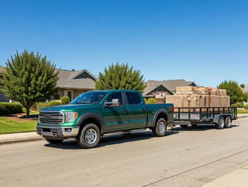 Green pickup towing a trailerful of large items.