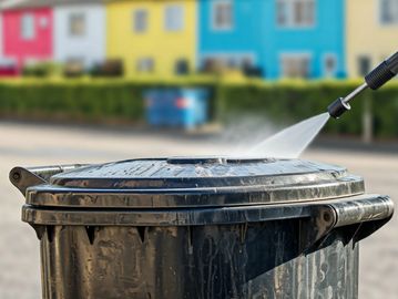 Black trash bin being pressure washed and cleaned.