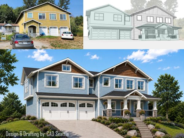 Transformation of a house from old yellow structure to a modern blue design.