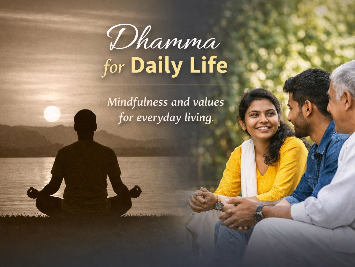 A serene meditation scene contrasts with a joyful conversation among three people.