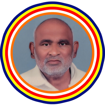 Portrait of an elderly man with a white beard, encircled by vibrant red, orange, white, and yellow rings.