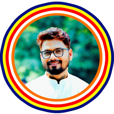 Smiling man with glasses in a colorful circular frame against green background.