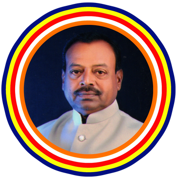 Portrait of a man in a white traditional jacket with colorful circular borders.